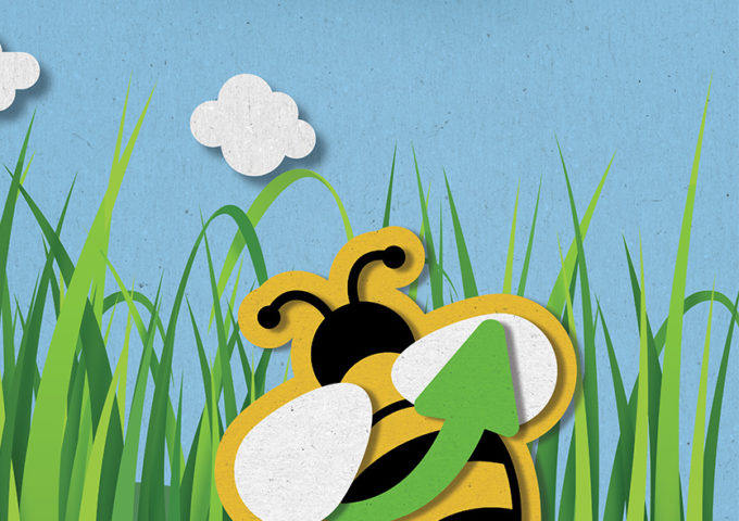 An illustration showing a bee in long grasses